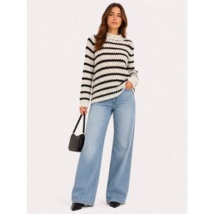 Lovecrazy Knit Sweater Women XS Cream Navy Striped Mock Neck Nautical Pullover